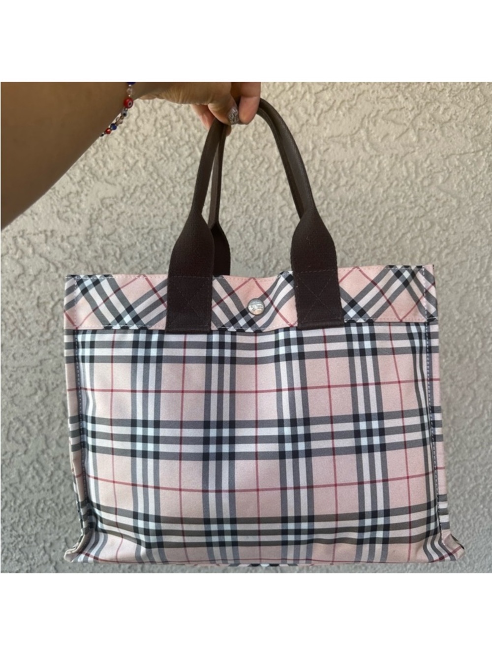 BURBERRY Vintage Plaid Tote Bag with Brown Handles